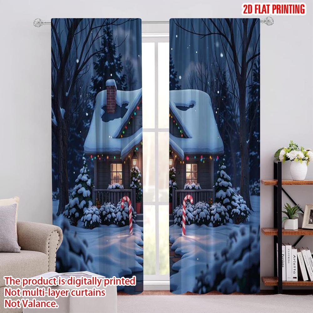 

2pcs 2D flat printing Merry Christmas Popular Curtains Snow scene Winter Wonderland scene Durable 100% Polyester Fabric Without 100*130 Grommet Top 1pcs