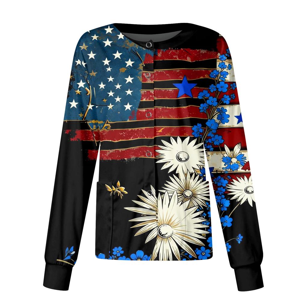 Women's Casual Fashion Long-Sleeve Stand-Up Collar Single-Button Independence Day Print Workwear Jacket