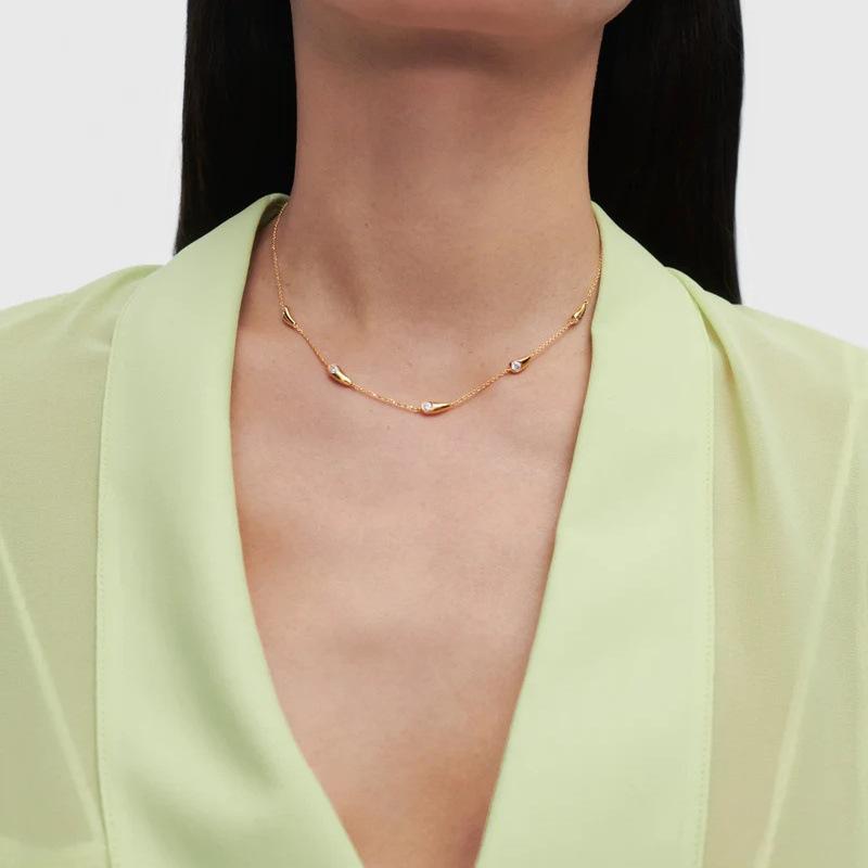 Fashion Casual Style Personalized Water Drop Shape Inlaid Zircon Design Collarbone Chain Niche Temperament Light Luxury Trend Necklace
