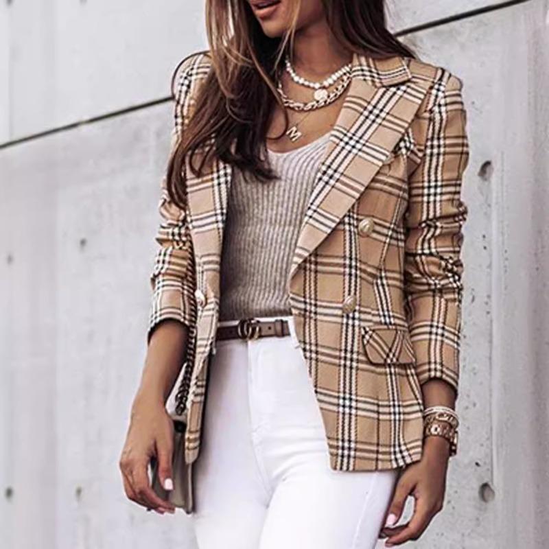 New Fashion Women's Small Suit Jacket Autumn Temperament Commuting Double-breasted Plaid Print Long-sleeved Jacket