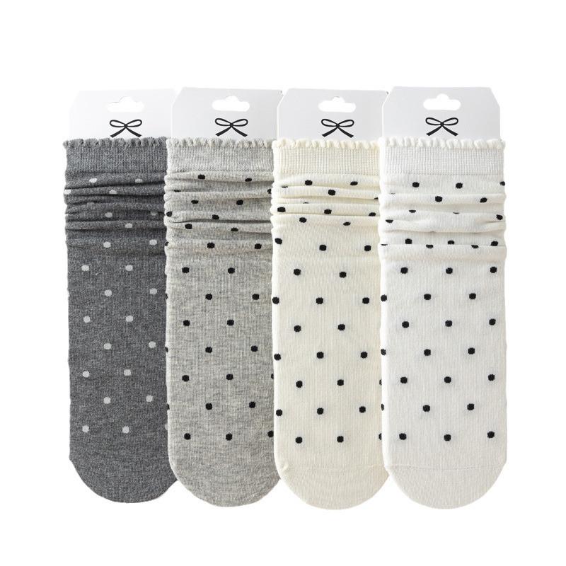 5/10 Pairs Comfortable Casual Polka Dot Socks for Women Mid Calf Socks with Ear Shaped Edges and Polka Dot Lace Breathable Cotton Long Socks