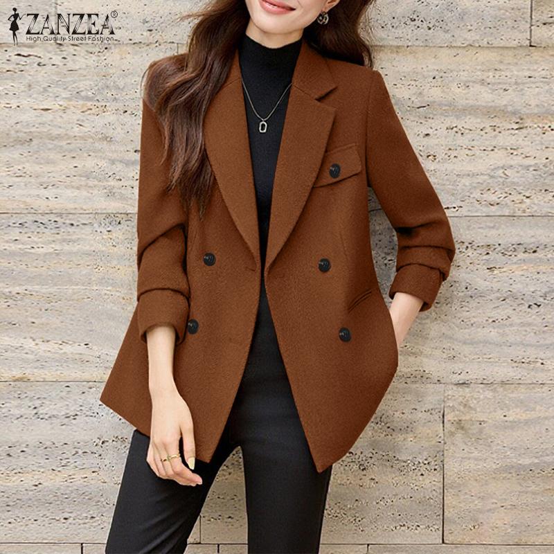 ZANZEA Women Casual Flat Collar Long Sleeve Thin Cardigan Blazer
