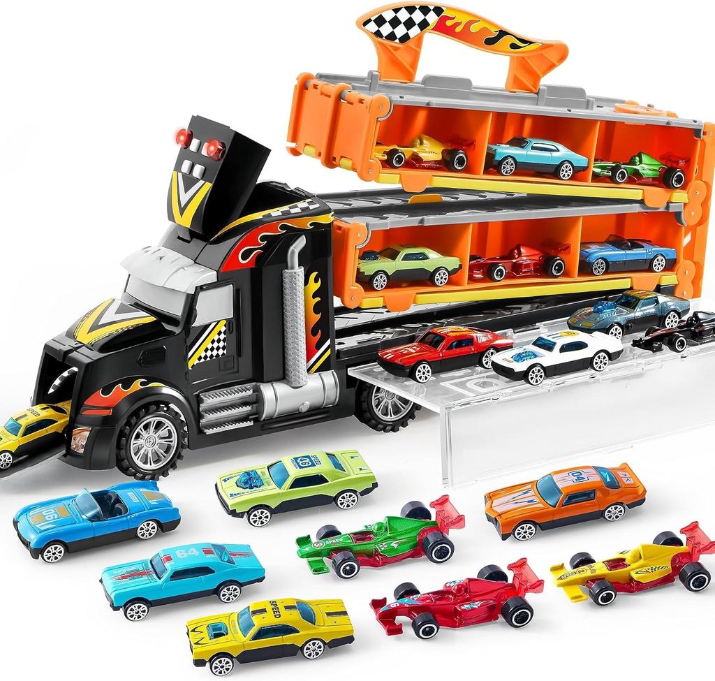 JOYFY Toy Truck Playset Race Toy Cars 60" Extra Long Race Track and 12 Die-Cast Metal Cars for Boy Girls 3-9 Years Birthday Gift