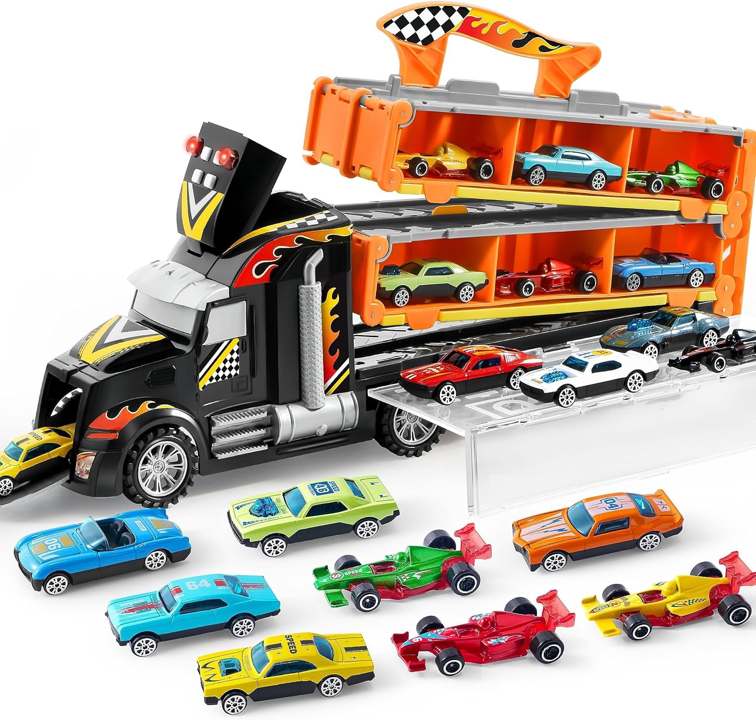 

Toy Truck Playset Race Cars Extra Long Track Die-Cast Metal Boy Girls 3-9 Years Birthday Gift JOYFY 60 and 12 for Kid Friendly Entertaining Fun Safe