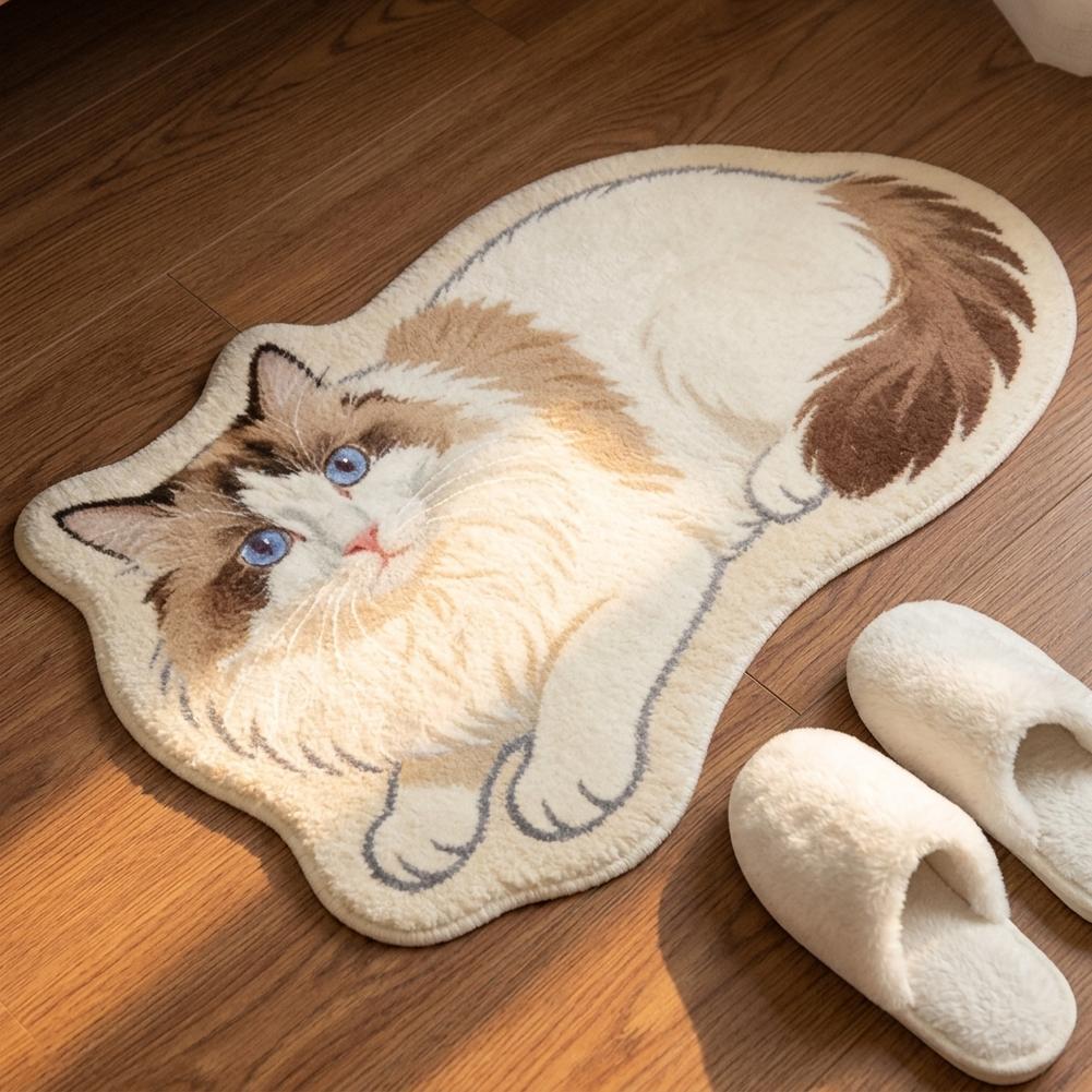 Cute Cat Shaped Irregular Rug, Soft Plush Polyester Floor Mat, Non Slip Decorative Bedroom Bedside Carpet for Cat Lovers Home