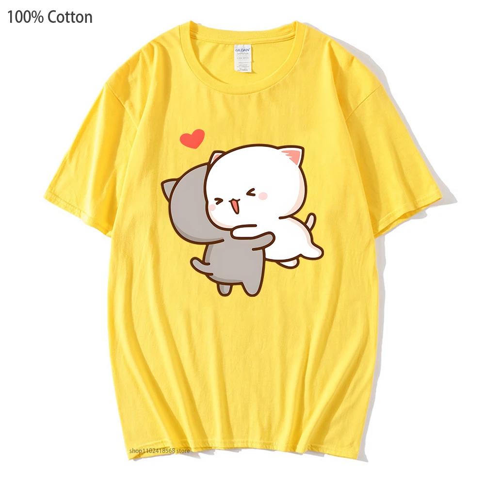 

Футболки Peach and Goma Mochi Cat Love, женские футболки с героями мультфильмов Kawaii для девочек, повседневные модные топы с коротким рукавом из 100% хлопка 2XL