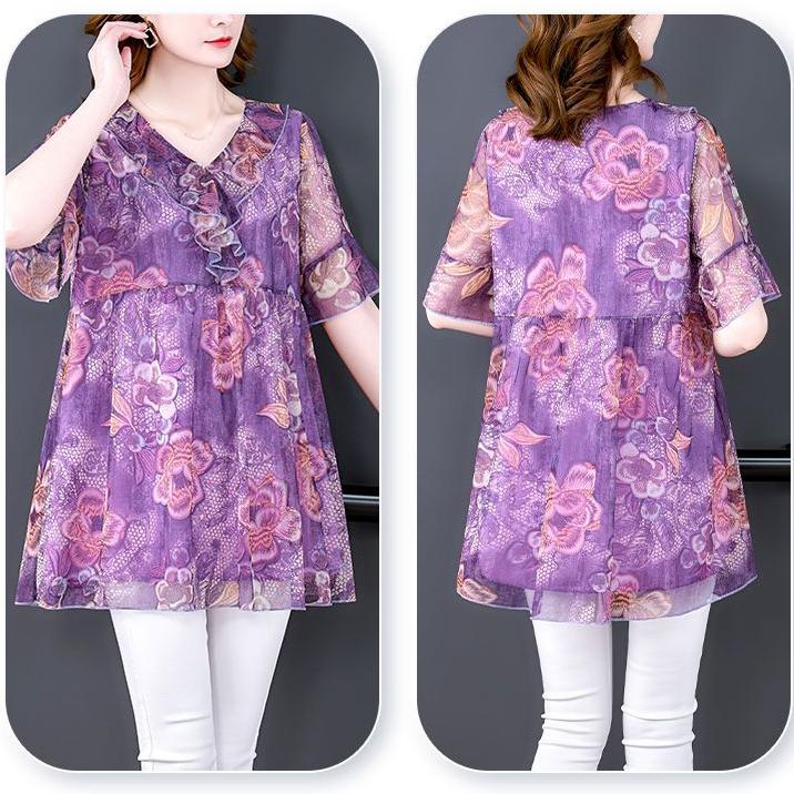 Women's Plus Size Blouse Summer Stretch Print Mesh Blouse Oversized Shirt Short Sleeved Loose  Blouse Top