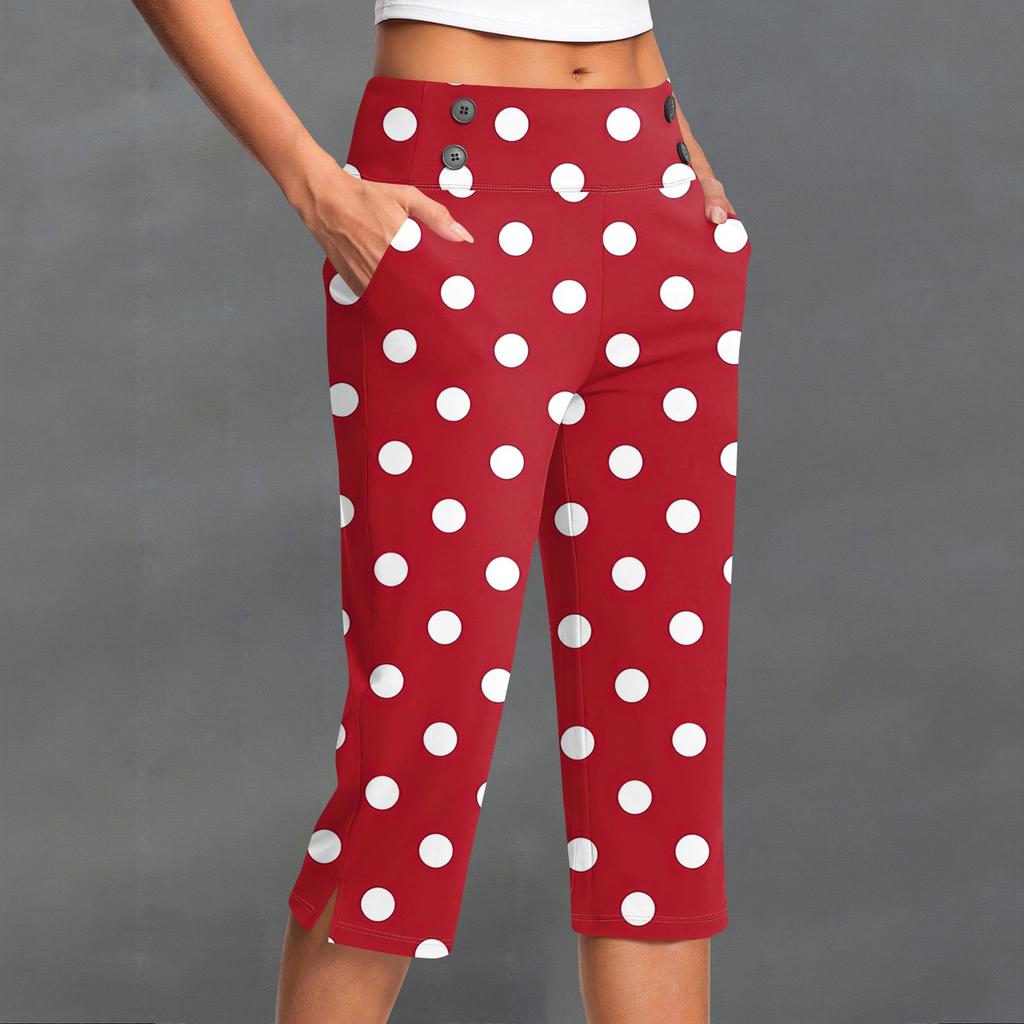 Women's Fashion Polka Dot Button Pocket Trousers Slit High Waist Sports Yoga Casual Cropped Pants