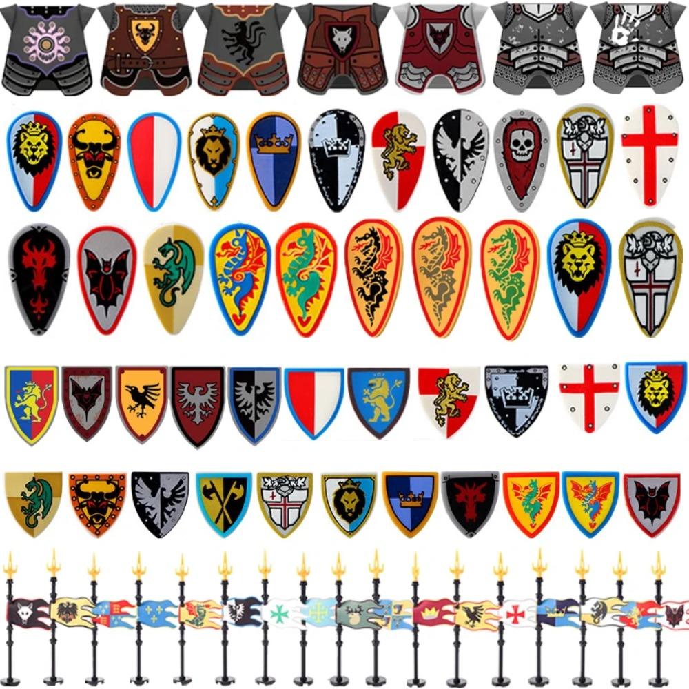 

MOC Військові Будівельні Блоки Середньовічні Фігурки Солдатів Зброя Аксесуари Червоний Лев Чорний Орел Лицарські Обладунки Щит Міні Цеглинки