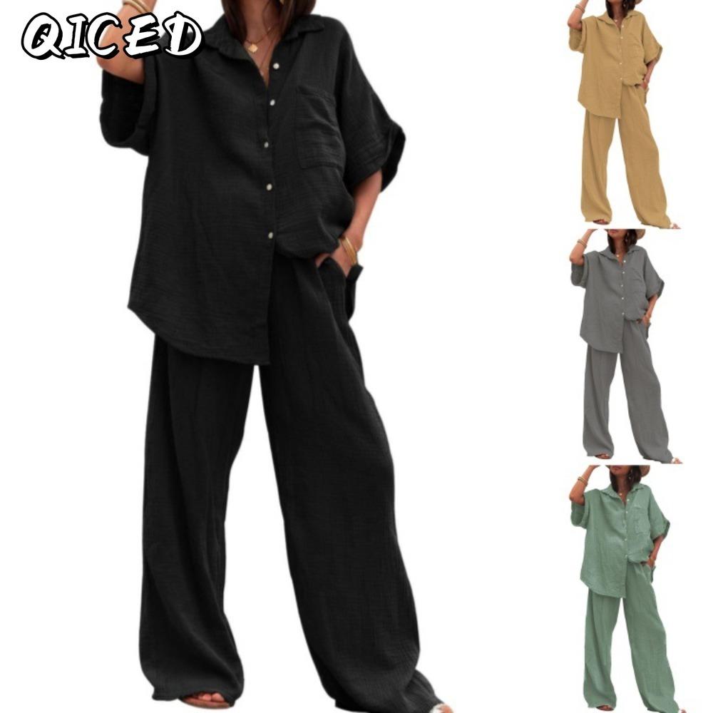 QICED Women's Fashion Casual Short Sleeve POLO Neck Pants Suits