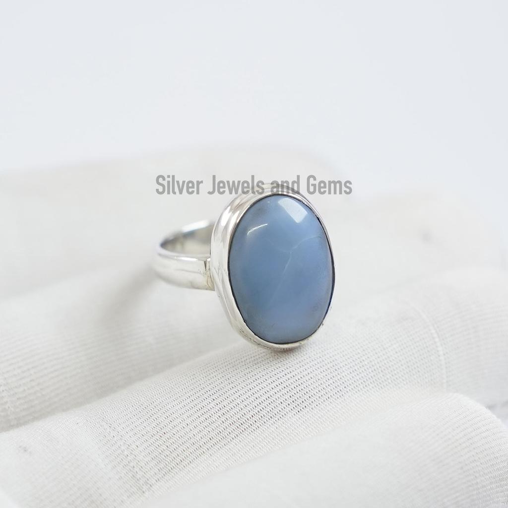 Oval Blue Opal Ring, 925 Sterling Silver, Dainty October Birthstone