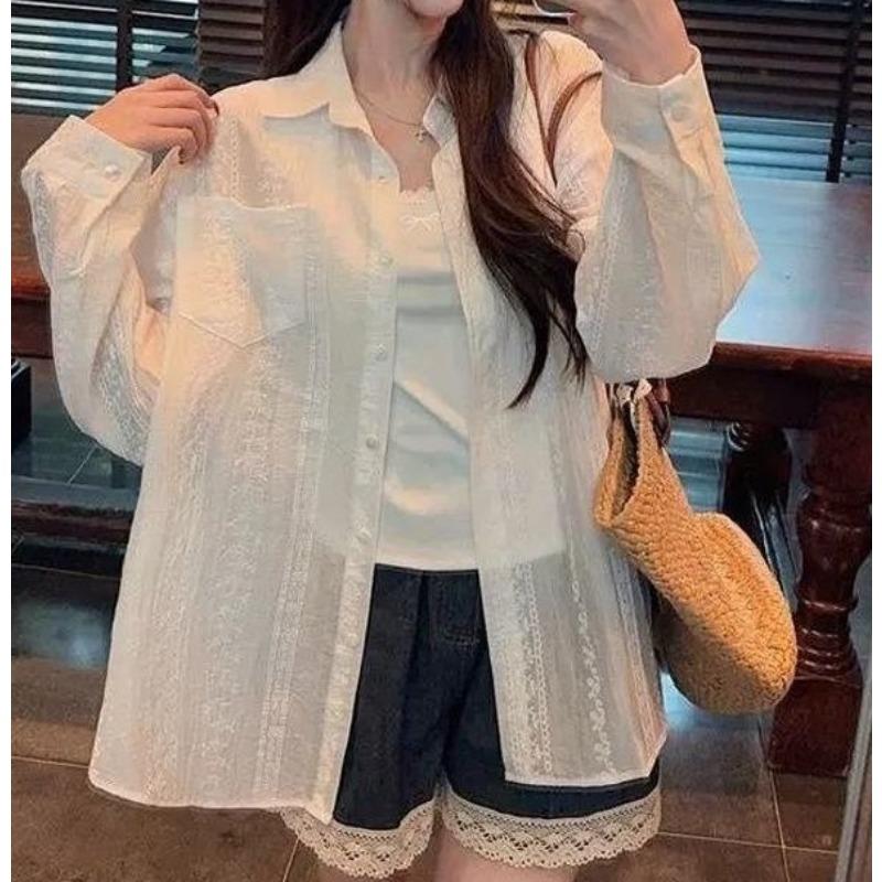 

Кружевная лоскутная женская рубашка с длинным рукавом, милая универсальная летняя женская блузка, корейский минимализм, женская одежда XXL белый