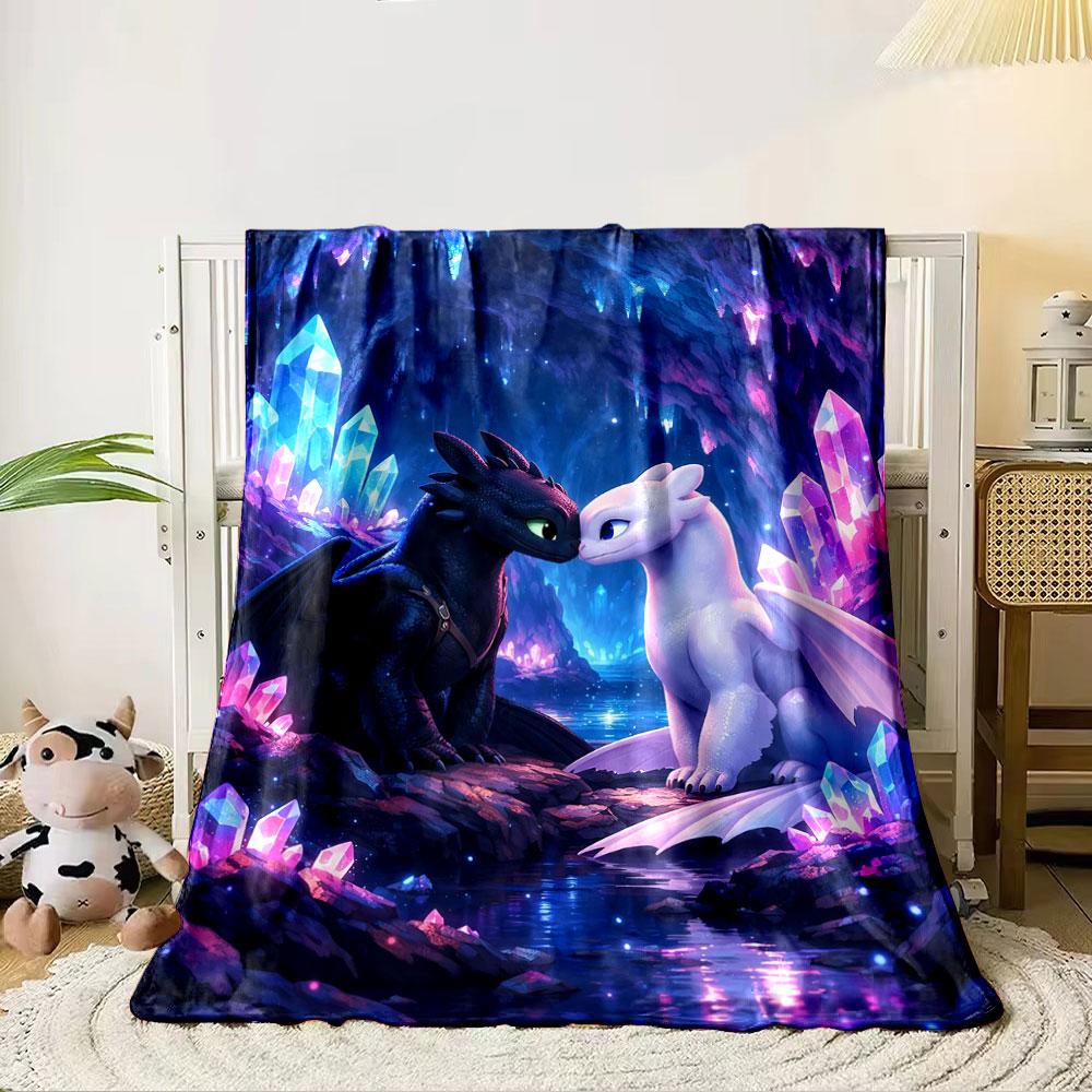 Two dragons facing each other in a glowing crystal cave setting. for all seasons blanket lunch break throw gift 80cm x 120cm