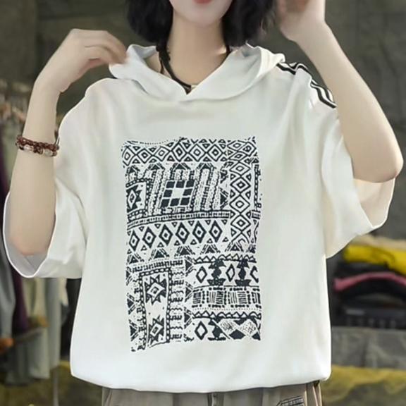 Dimanaf 2025 Letní pruhované mikina s kapucí z bavlny Dámské tričko s krátkým rukávem a potiskem písmen, volné, bílé a černé