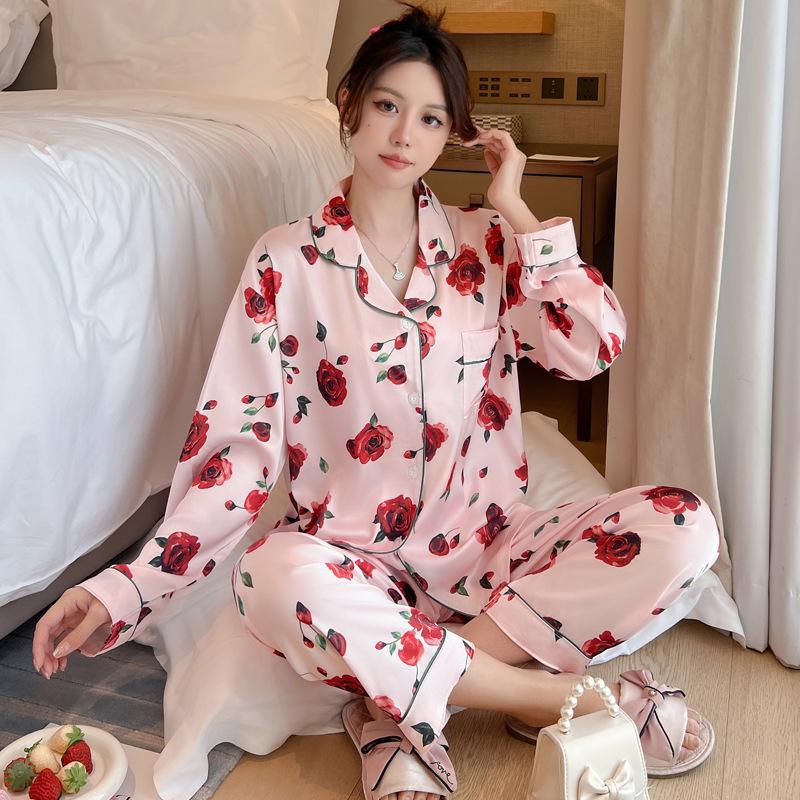Autumn Ice Silk Pajamas Women'S Suit Light Luxury High-End Long-Sleeved Trousers Loungewear Can Be Worn Outside