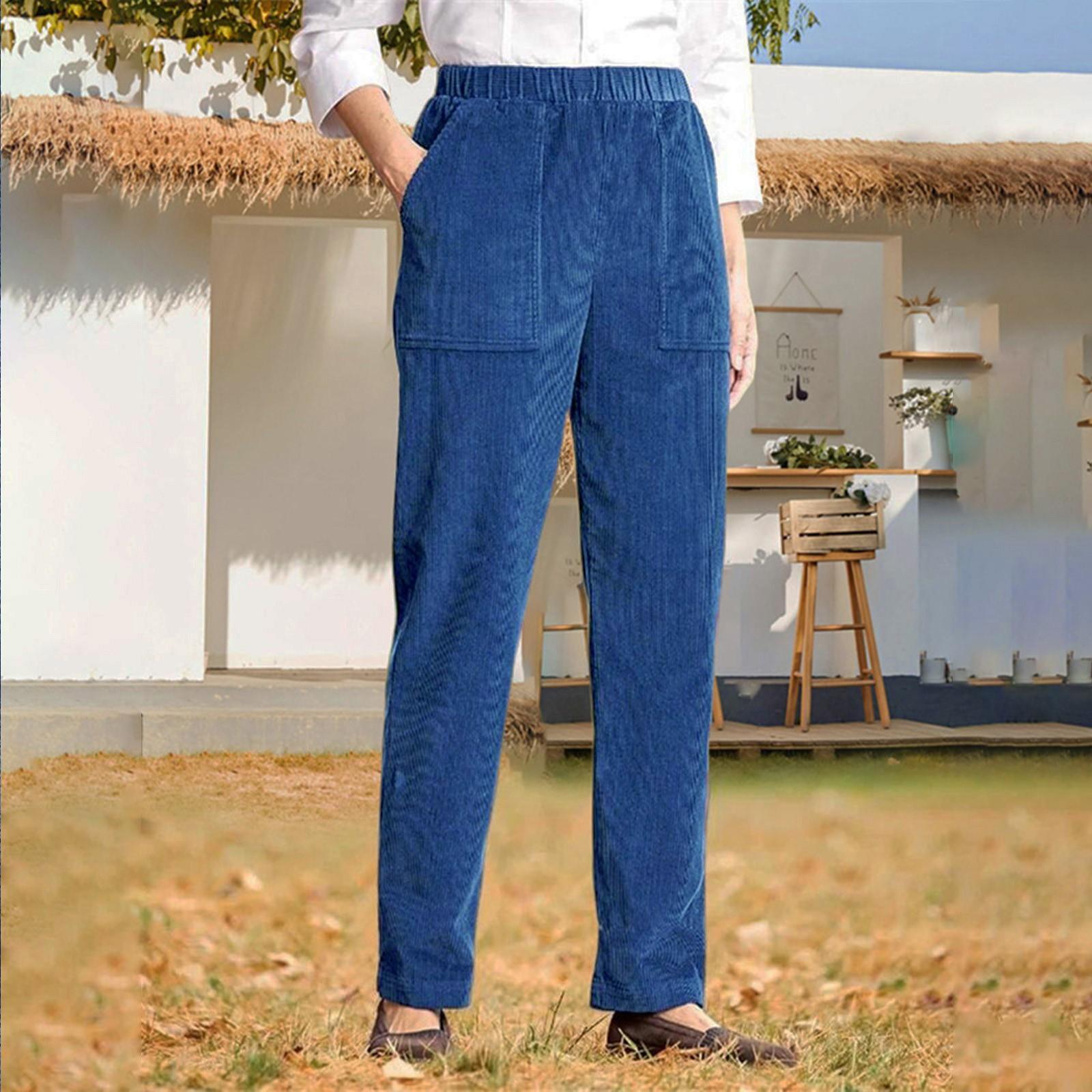 

Женские повседневные однотонные прямые повседневные брюки с эластичной резинкой на талии и карманами M синий