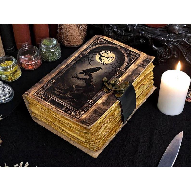 Grimoire Leather Journal – Witchcraft Book of Shadows with Lock |  Deckle Paper Gothic Wiccan Spellbook Halloween Gifts