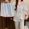 Fashion Small Fresh Cloud Cotton Pajamas Women'S Summer Short-Sleeved Three-Piece Set Contrasting Color Striped Puppy Loungewear