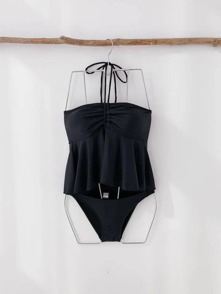 Retro Solid Color Split Skirt Swimsuit with Drawstring Bandeau and Backless Design for Women