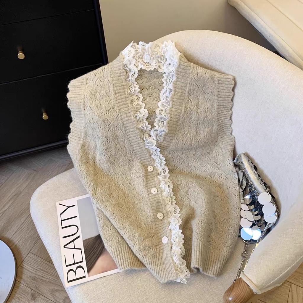 Krajková vsadka Patchworková svetrová vesta Jaro Podzim Kardigan Pletená vesta Bez rukávů Vesta Kabát Top Krátký styl