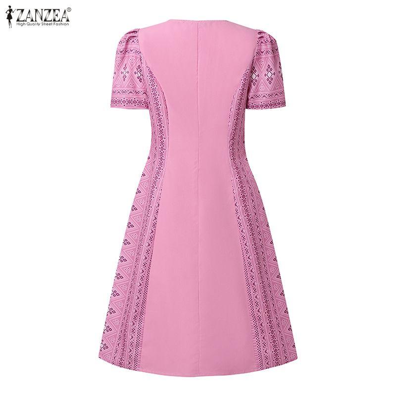 ZANZEA Women Casual V-Neck Summer Short Sleeve Print Dress