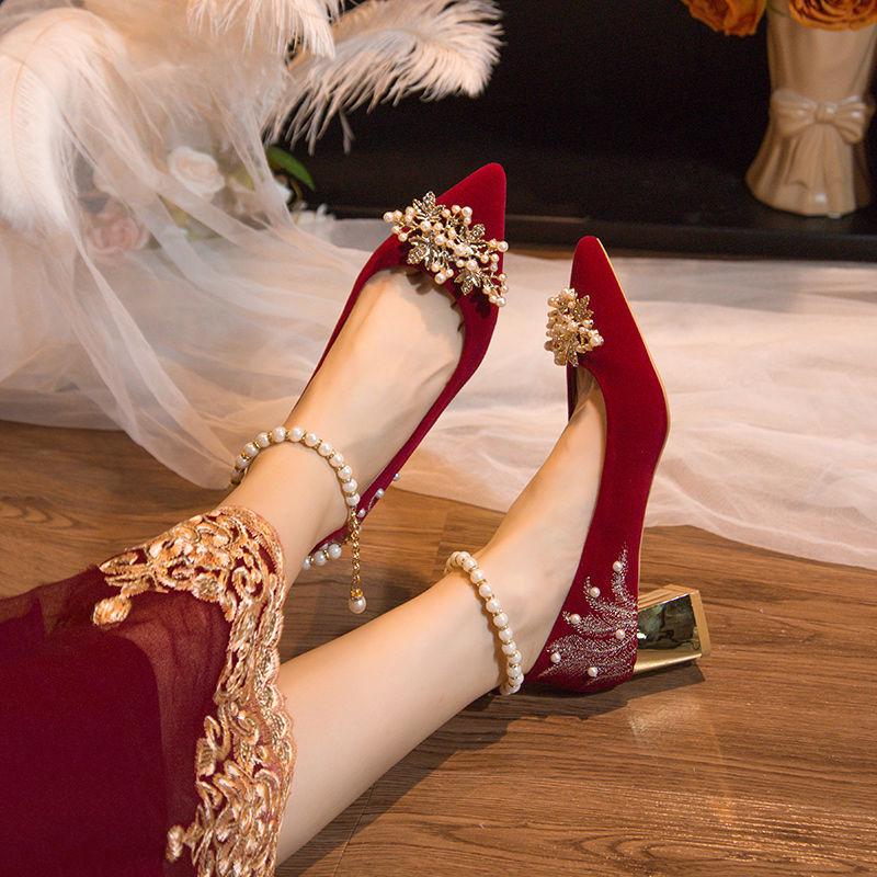 Pantofi de Nuntă Xiuhe cu Toc Înalt din Piele Suede Burgundy pentru Mirese și Femei Gravide