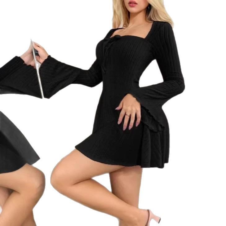 2026 European-American Style Square Neck A-Line Ribbed Dress - Slim Fit, Waist-Cinched, Long Sleeve, Spring/Autumn Collection
