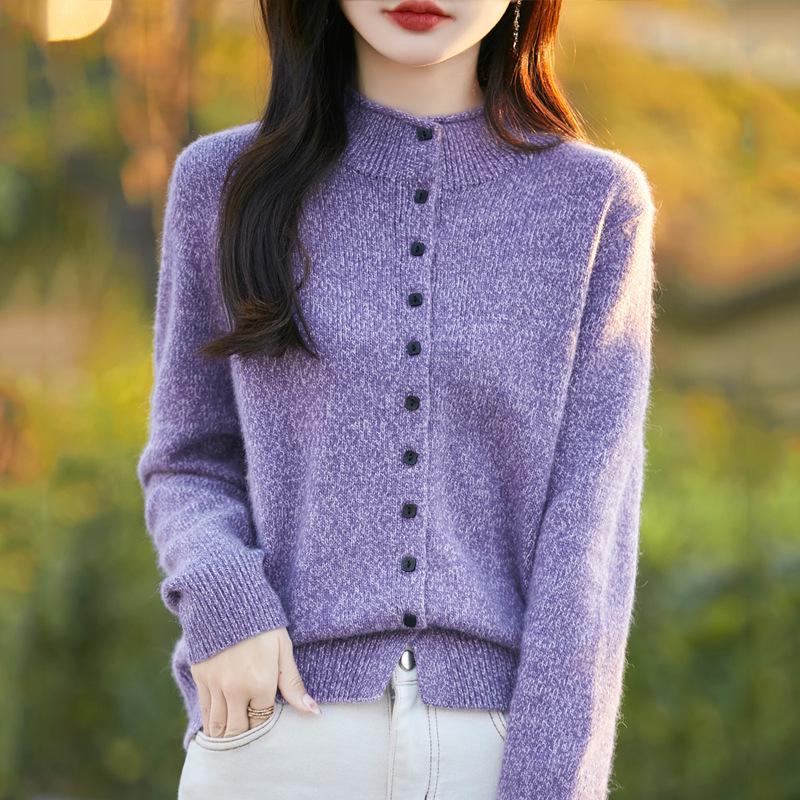 Heathered Wool Long Sleeve Rolled Edge Cardigan Sweater with Semi-High Neck 