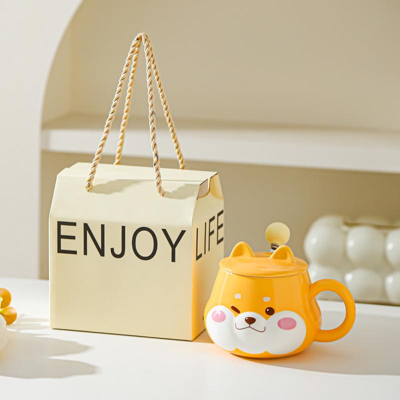 Roztomilý keramický hrnek na vodu Super roztomilý Shiba Inu Kreativní hrnek na vodu s víčkem Vysoký vzhled Narozeninový dárek Pár Domácí kancelářský hrnek