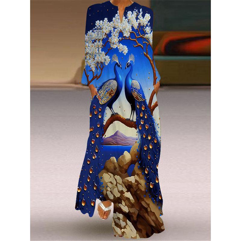 New Chinese Style Chinese Style Skirt Elegant Sexy Long Sleeves 3D Print Long Skirt Loose Plus Size Women's Clothing Long Dress