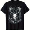 Men's Gothic Nature Graphic T-Shirt 100% Cotton Short Sleeve Crew Neck Tee with Deer Skull Branch Design Machine Washable Sum...