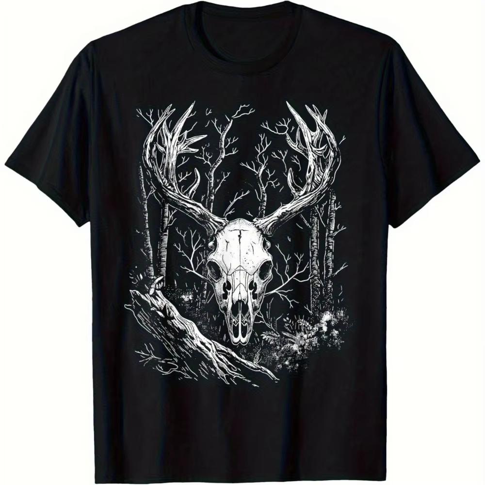 Unisexs Gothic Nature Graphic TShirt 100 Cotton Short Sleeve Crew Neck Tee with Deer Skull Branch Design Machine Washable Summer S