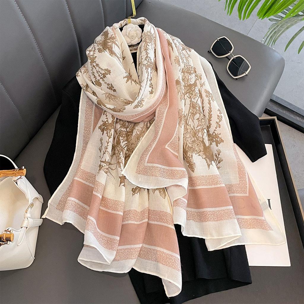 Luxury Floral Long Scarf For Women Elegant Thin Shawl Warps For Beach Ladies Hijab Neckerchief Soft Stain Scarves For Travel