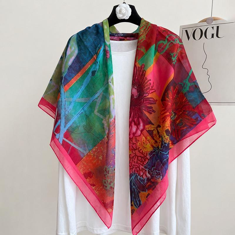 [Variety sunscreen shawl retro printed square scarf women's summer silk cotton silk scarf