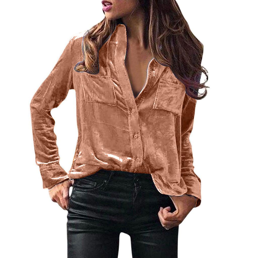 Dámská móda Jednobarevná košile s knoflíky a kapsou s dlouhým rukávem