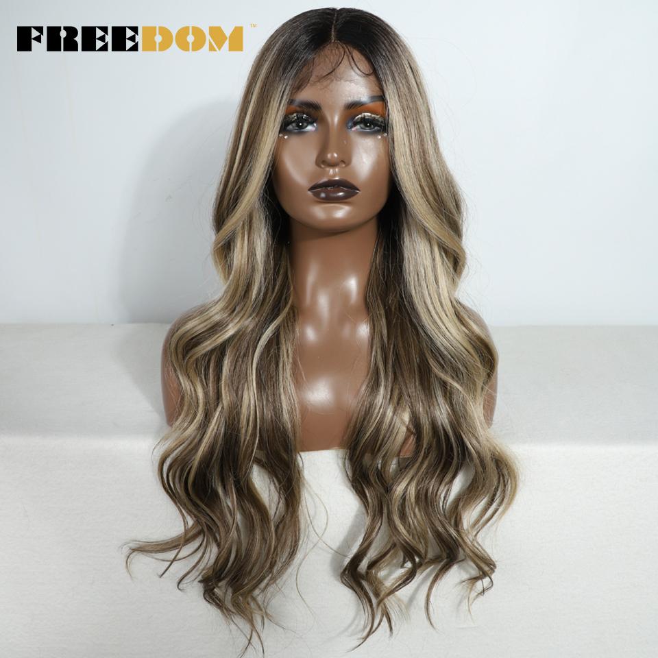 FREEDOM Synthetic Lace Front Wigs For Women Long Wavy 30" Body Wavy Long T Part Lace Wig Ombre Blonde Ginger Blue Cosplay Wig