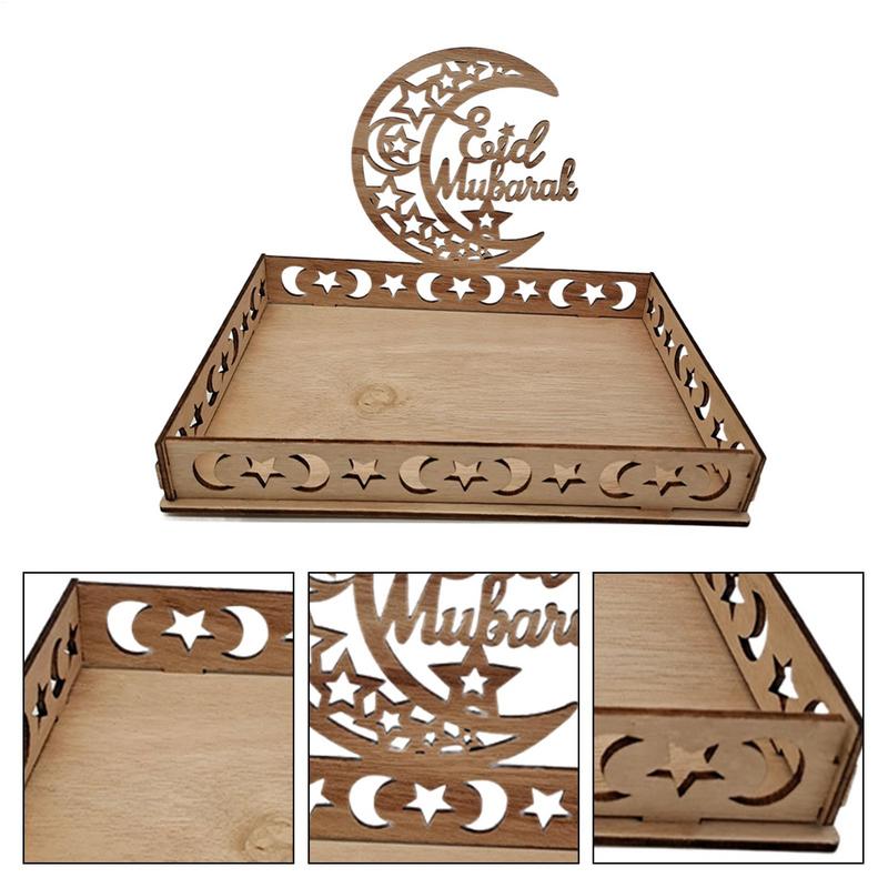 Classic Moon Star Mosque Wooden Eid Food Tray Dessert Fruit Cake Tray Table Decoration For Home Islamic Party Decor Eid Gifts