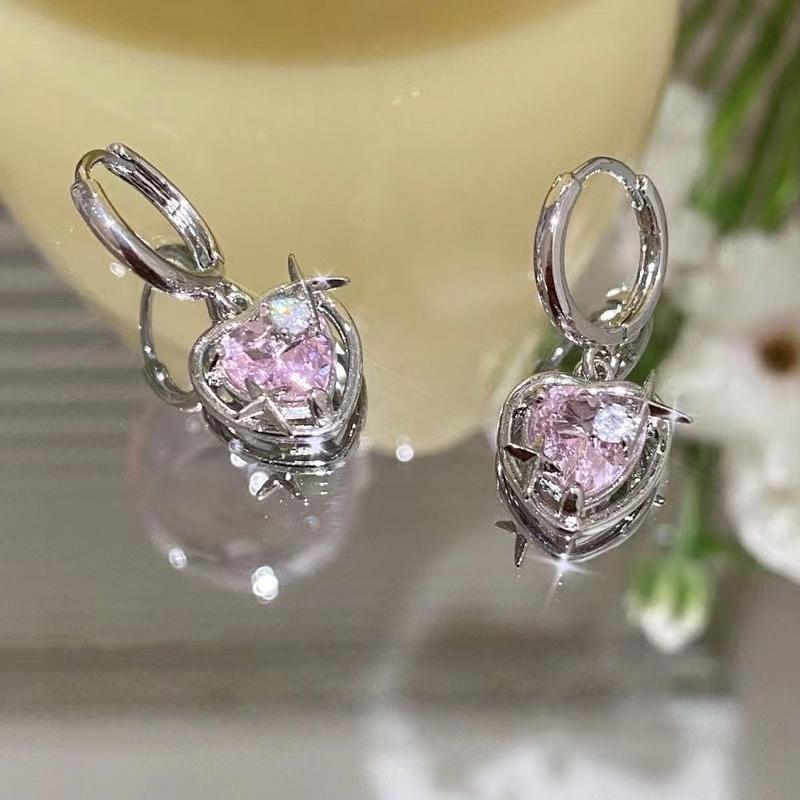 Korea Pink Crystal Peach Love Heart Dangle Earrings Sweet Cool Y2k Accessories Hoop Earring for Women Girls Fashion Jewelry