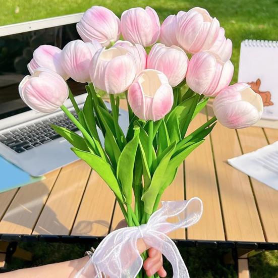Real Touch Artificial Tulip Flower 13.7" PU Faux Tulips Lifelike Fake Tulip with Long Stem for Wedding Home Table Centerpiece Spring Garden Decor