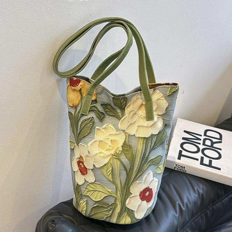 

1pcs Oil Painting Floral Single-Shoulder Bag Large Capacity Bucket Tote for Outdoor Travel Casual Daily Commute & Handheld Use зелёный