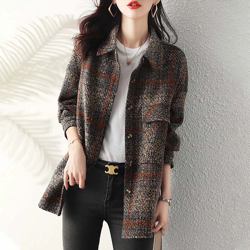 Shirt Coat for Women Casual Oversize Cardigan Double Layer Vintage Windbreaker Plaid Shirt Jacket
