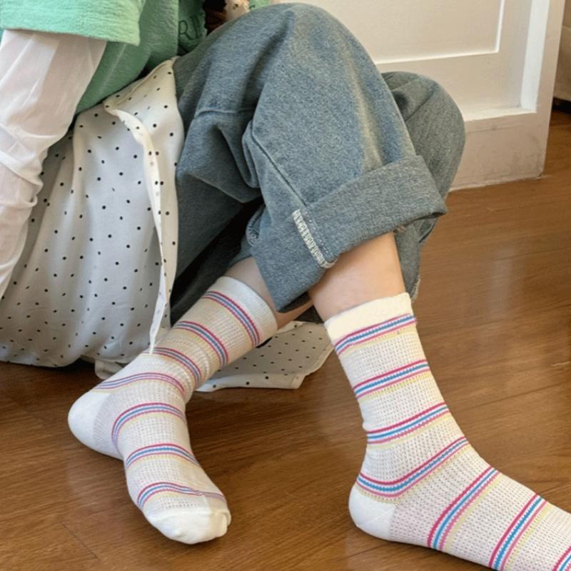 Girls Colorful Polka Dot Striped Socks Kids Mid Calf Socks Ins Trendy Pure Cotton Summer Thin Mesh Breathable Long Spring Summer