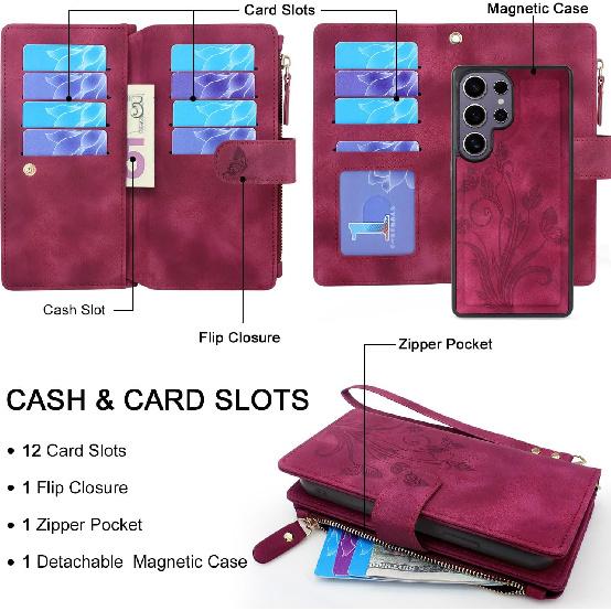 Lacass Case Wallet for Samsung Galaxy S25 Ultra, [12 Card Slots] ID Credit Cash Holder Zipper Pocket Detachable Leather Wallet Cover with Wrist Strap