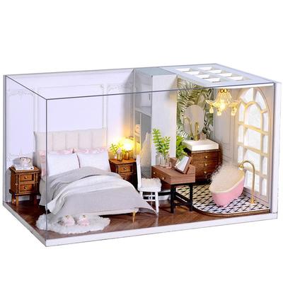 moin moin Maßstab Puppenhaus Miniatur DIY-Bausatz Moderner Antikstil mit LED-Licht und Acryl 2107DH269 1/32 Set, "Happy Days" Hotel, Schlafzimmer, Weiß,