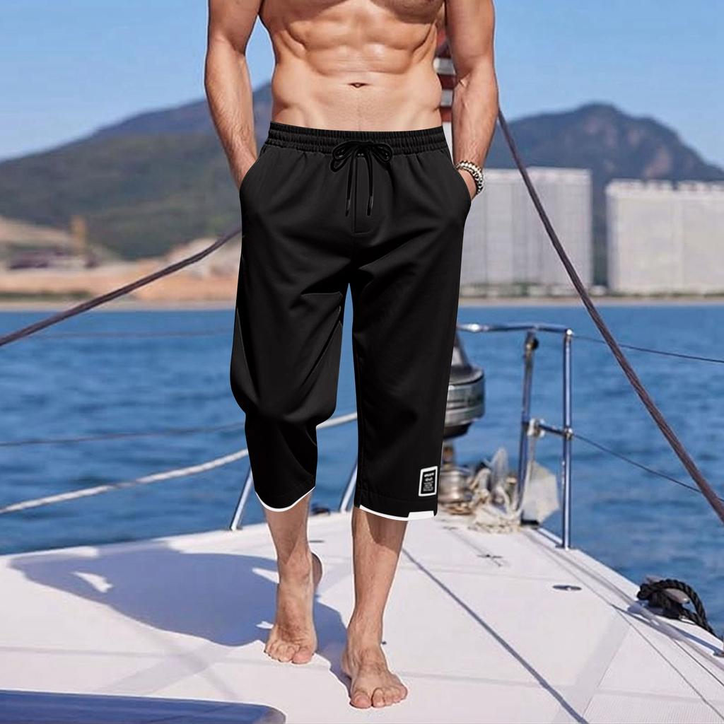 Herren Sieben-Viertel-Hose Elastischer Bund Kordelzug Tasche Lässig Strand Yoga Capri-Hose Leicht Bequem
