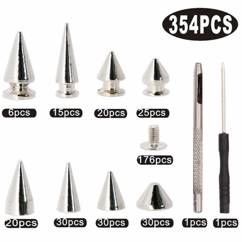 652F 354Pcs Spiked Rivets Silver Metal Punk Decorative Rivets Screwing Pointed Rivets Gothic Button Buckles Craft Decoration