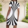 Women Plus Size Round Neck Short Sleeve Black White Printed Fitted Mini Dress