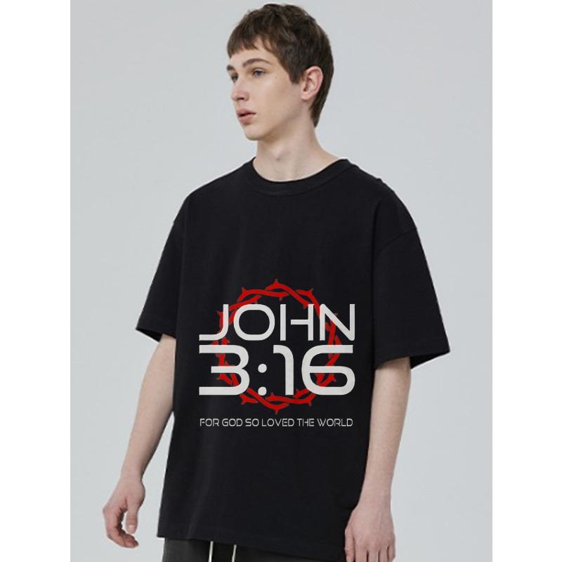 Men's Black T-Shirt with John 316 Bible Verse and Crown of Thorns Design for Religious Faith and Casual Wear