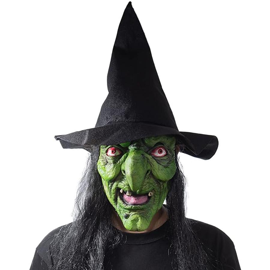 Scary Mask Halloween Horror Evil Mask, Wearing A Wig Hat Green Face Red Eyes Zombie Mask Evil Role-playing Props, Party Props