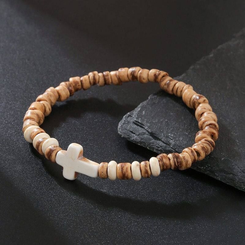 Fashion Cross-border Hot Selling Coconut Shell Wood Chip Turquoise Cross Bracelet Men s hip hop Handmade Beaded Stretch Wood Bracelet Zj 11979